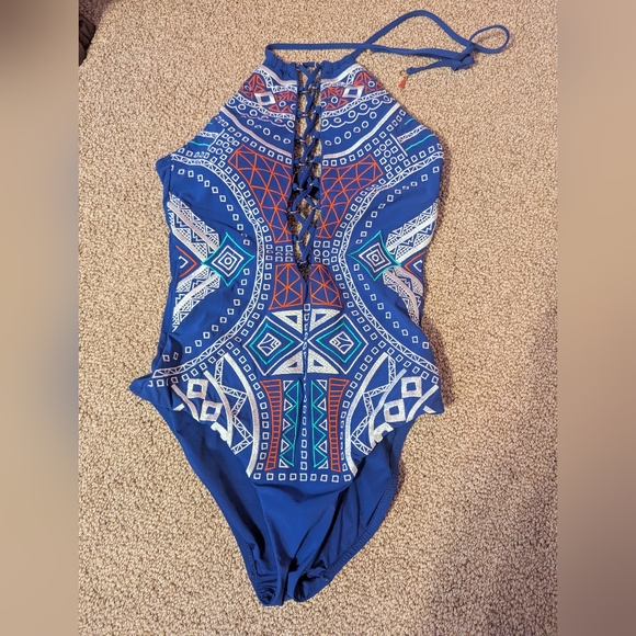 Geometric Blue One-Piece Swimsuit Trina Turk Sz 10 - Picture 1 of 5
